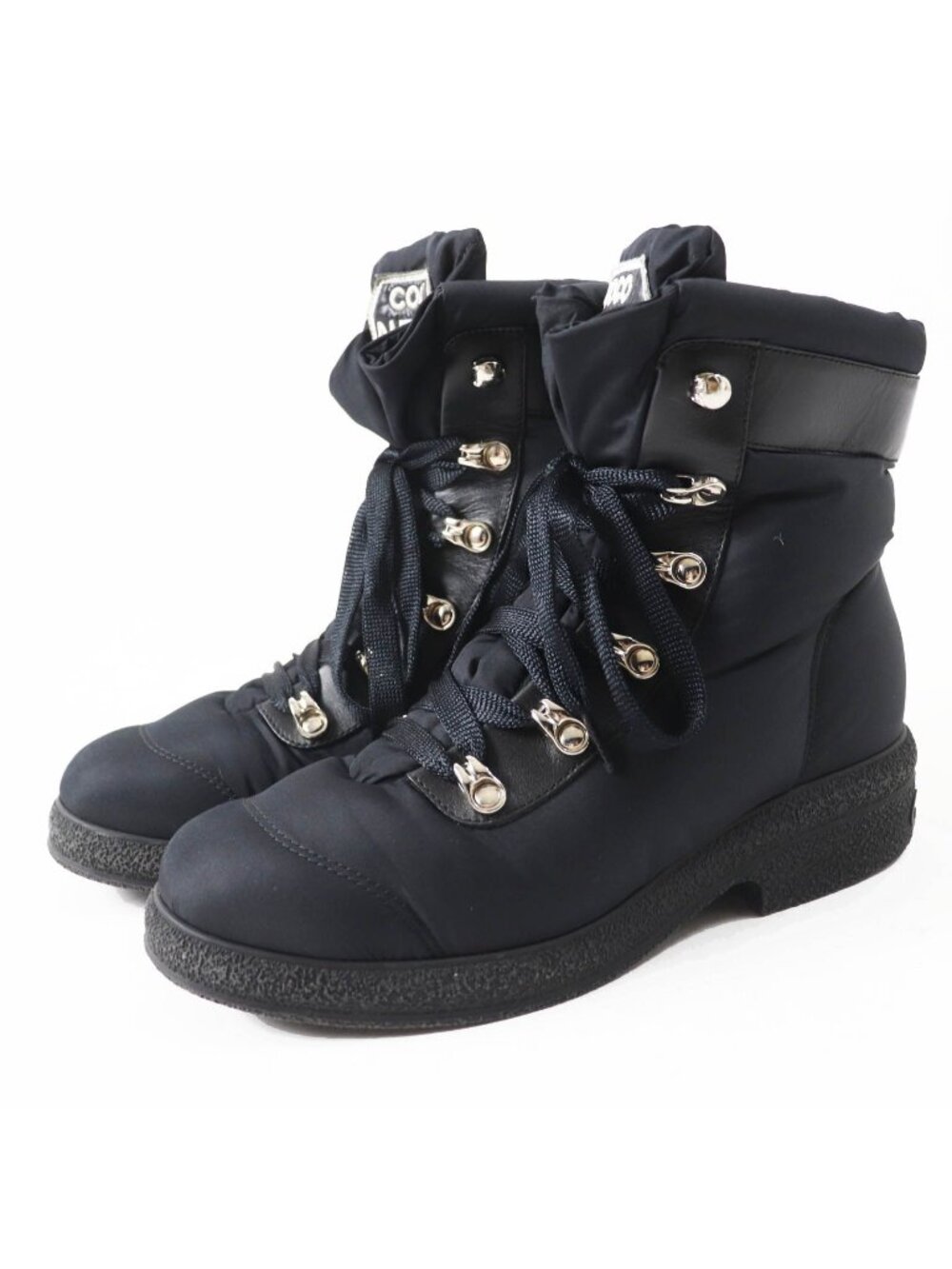 Chanel Coconeige Coco Neige CC Logo Leather Nylon Short Boots Black Silver